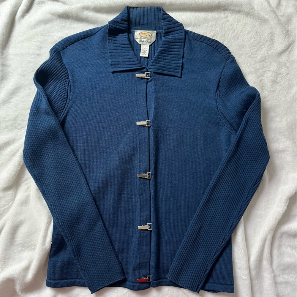 Talbots Blue Clasp Closure Ribbed Sweater Cardigan